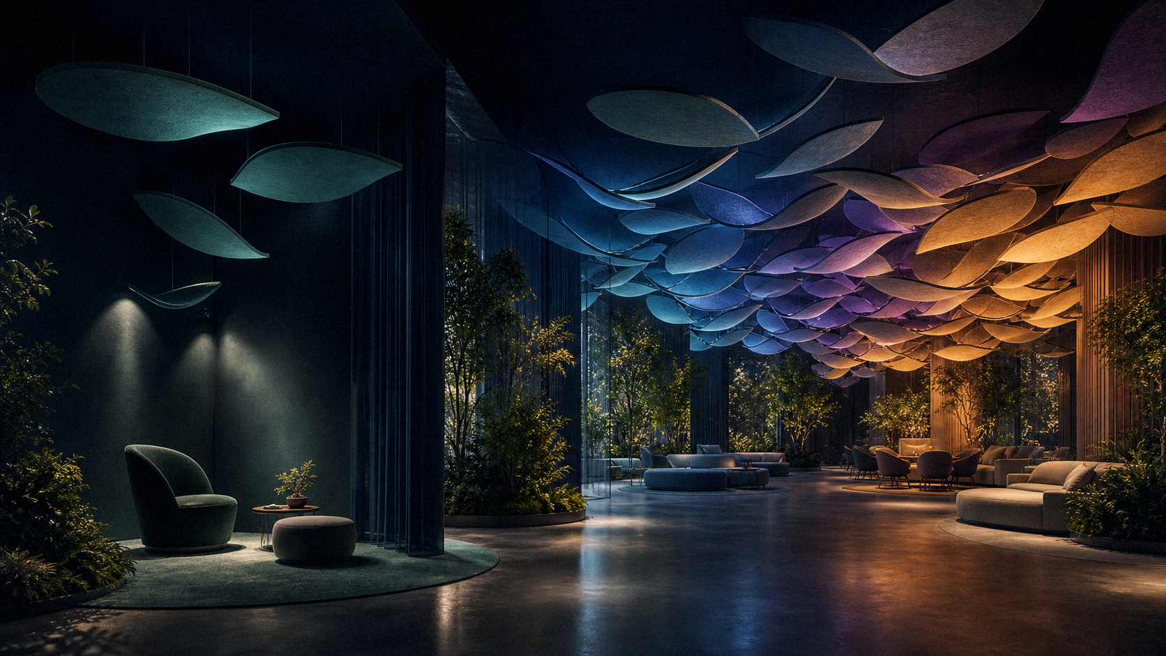 A biophilic lounge at dusk beneath a canopy of acoustic leaves