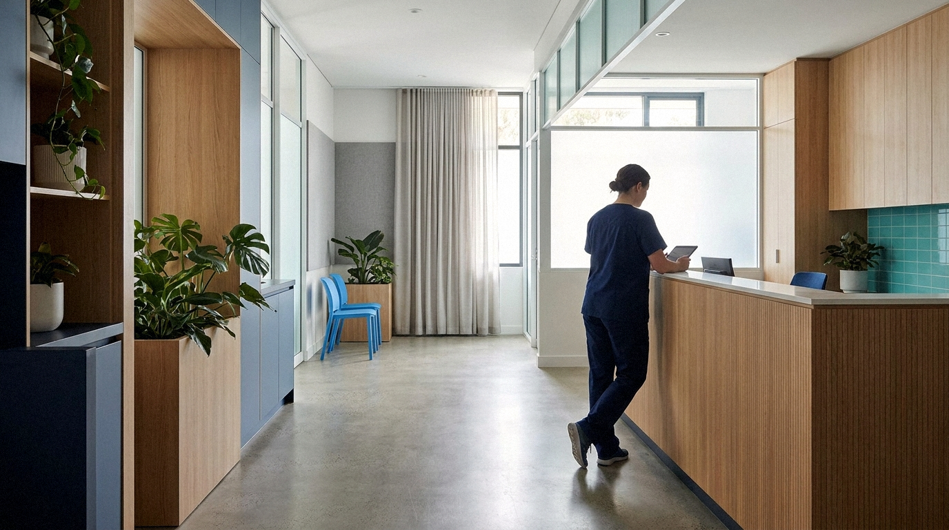 A nurse at a quiet hospital reception desk