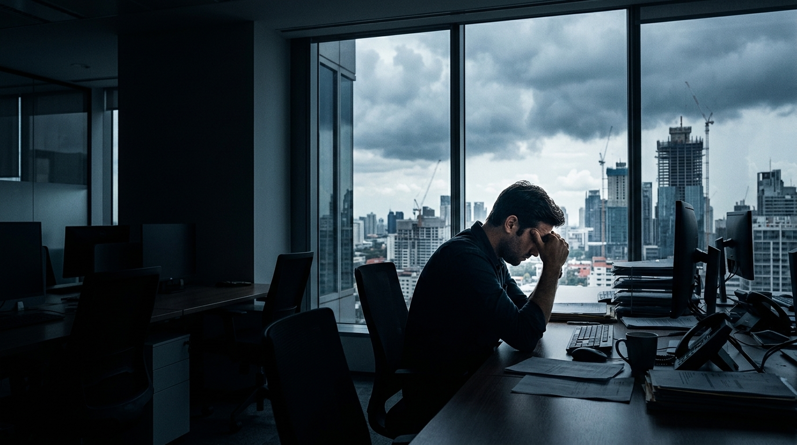 A man overwhelmed at his desk under storm-grey daylight