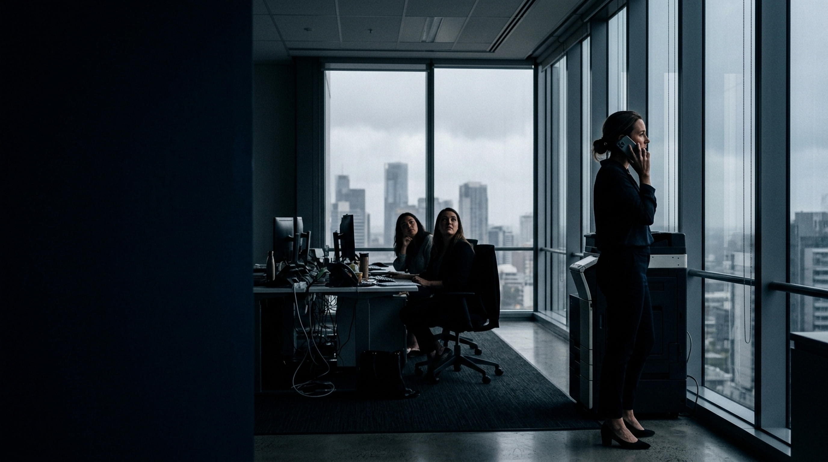 A woman on the phone at the office printer in storm-grey daylight while two colleagues glance up