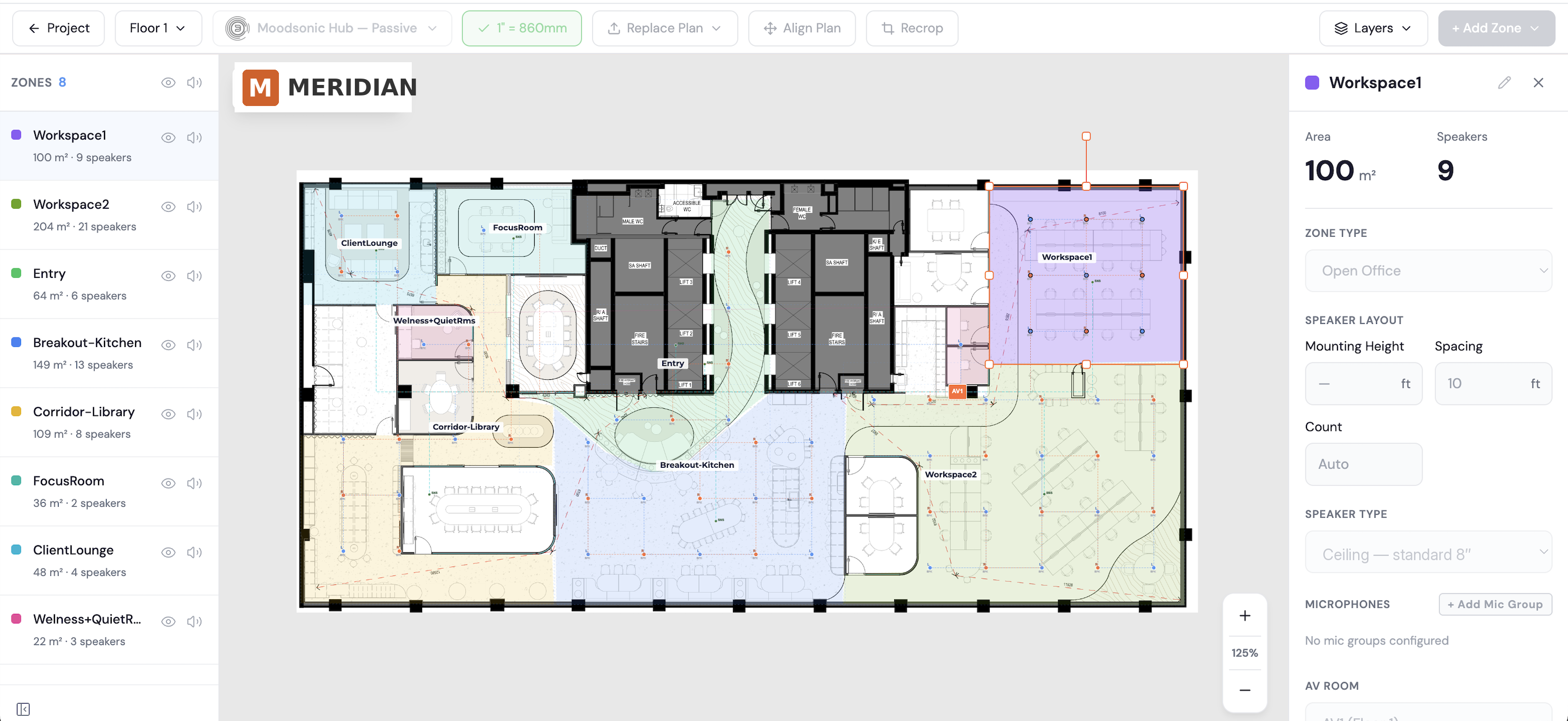 Moodsonic Design — zones on a floor plan with speaker counts and specification panel