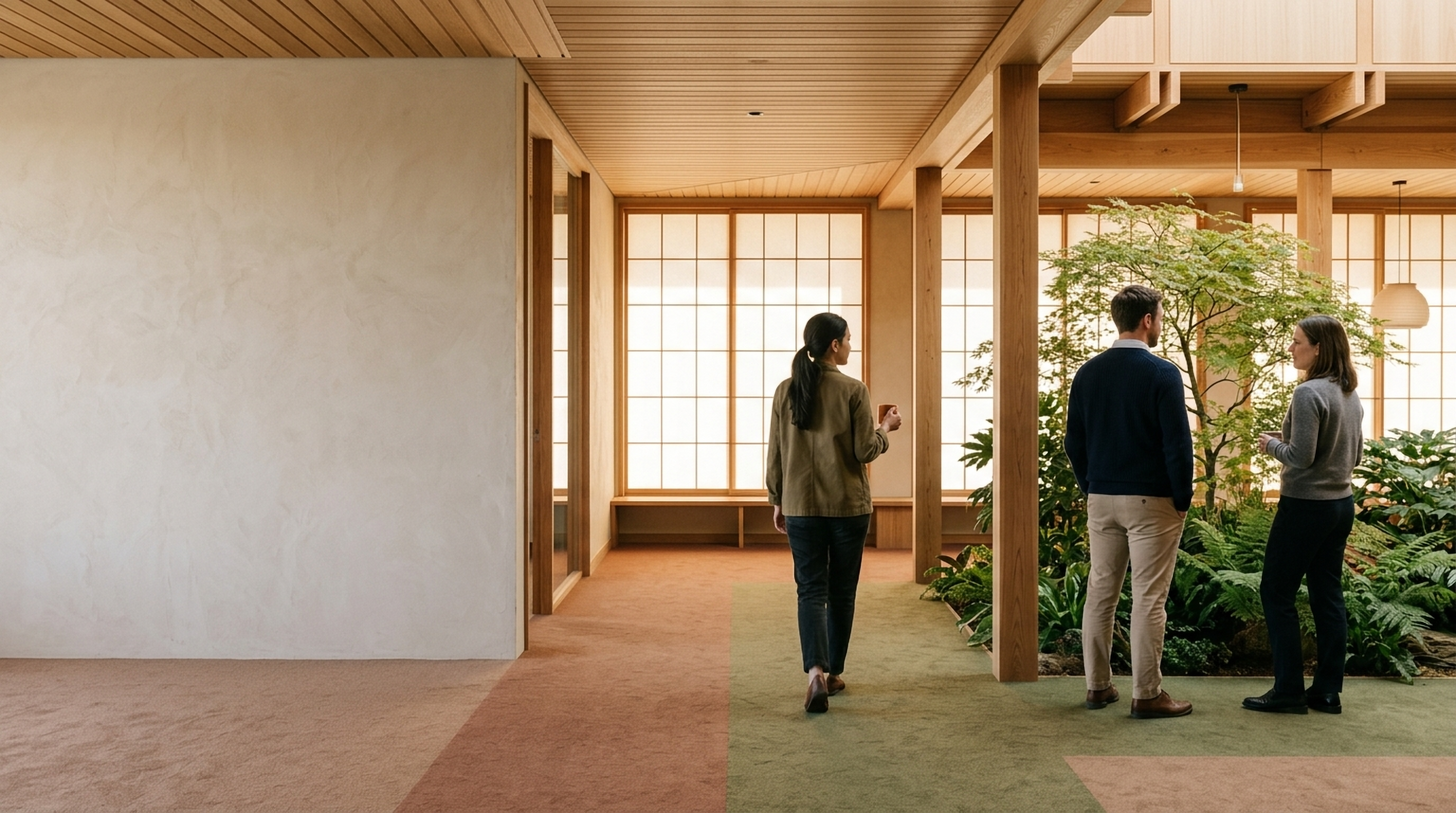 A warm timber-and-plaster workplace with planting and daylight; three people at ease