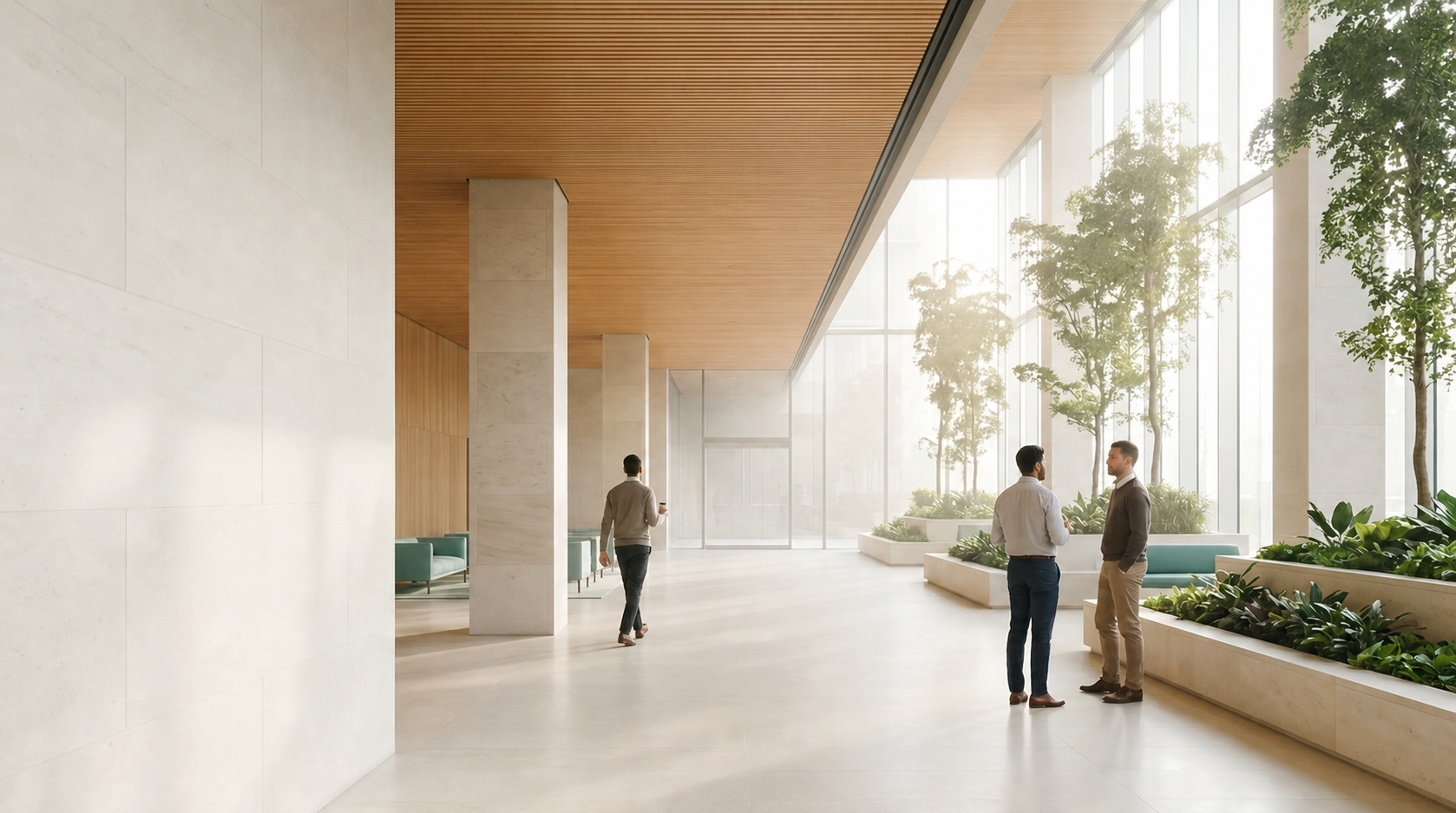 A morning-lit atrium workplace with planting and people at ease