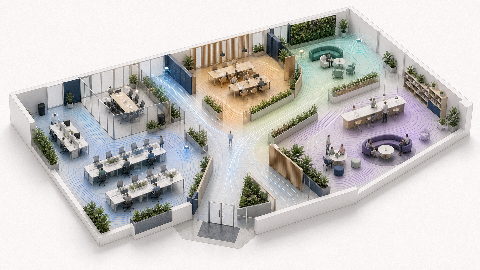 Isometric plan of a workplace with four colour-coded sonic zones