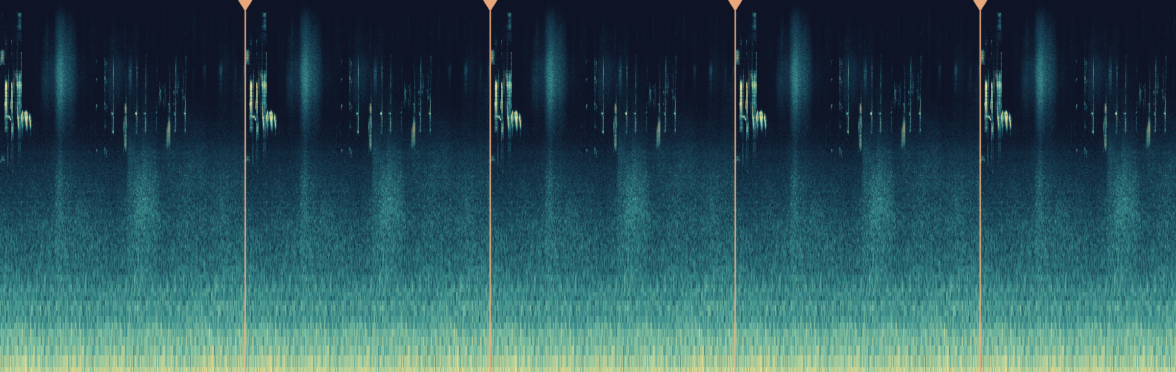 Spectrogram of a looping track: identical content repeating with visible seams