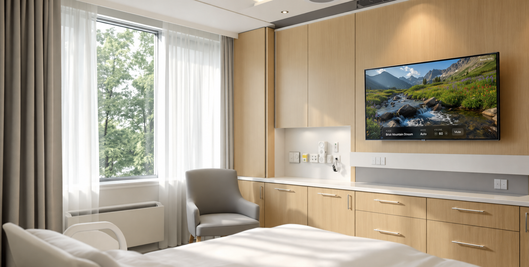 A patient room with a nature soundscape and bedside control