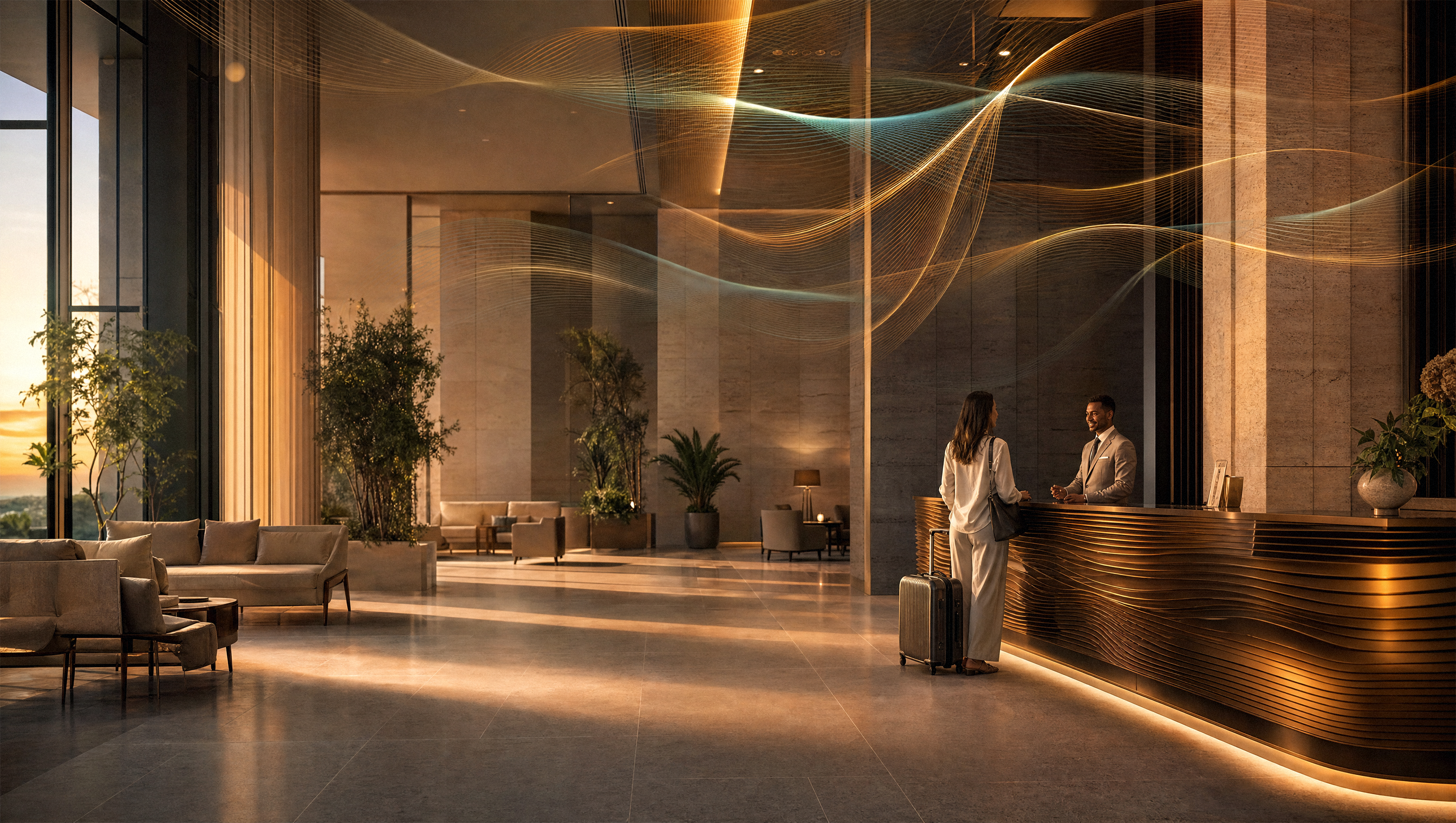 A hotel lobby at golden hour
