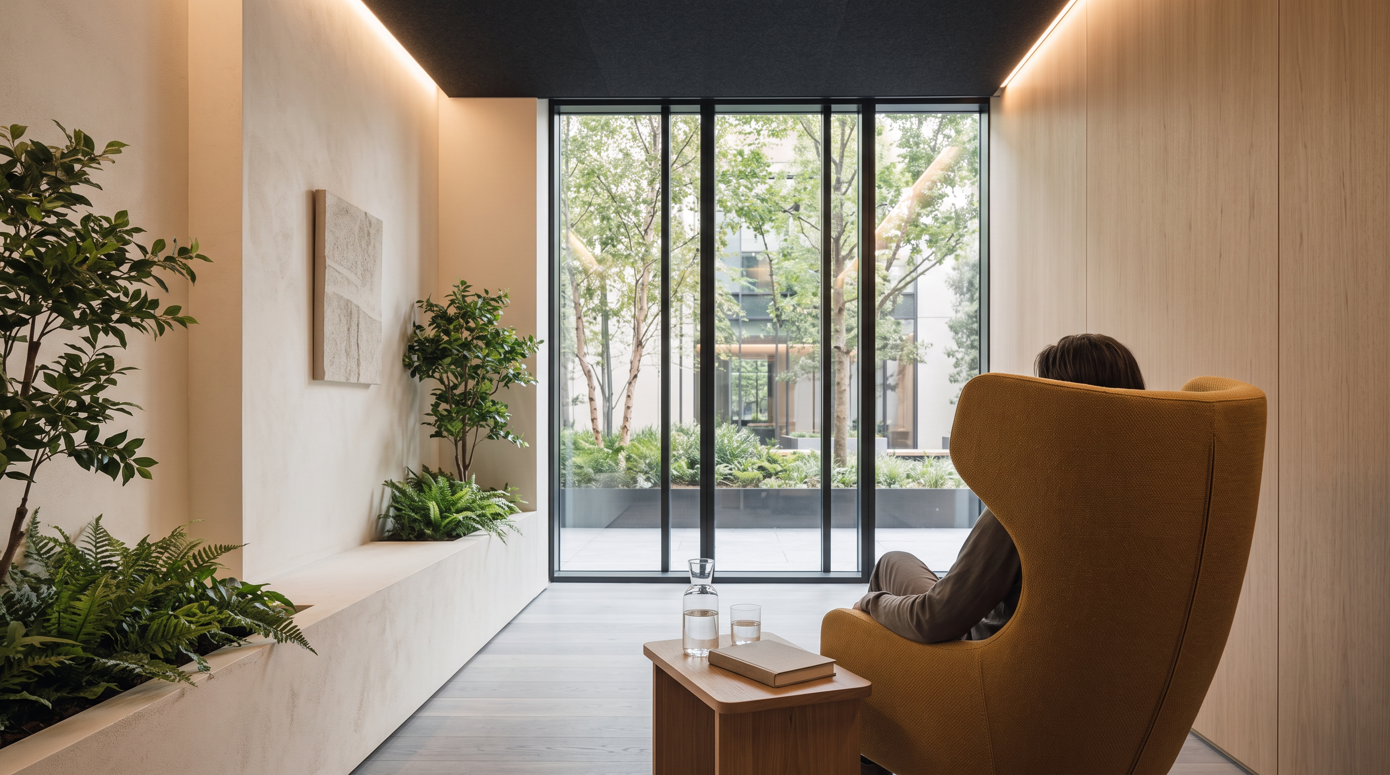 A wellness room with a single armchair and garden view